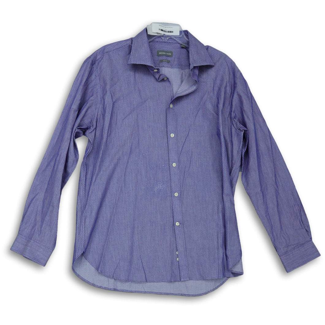 Michael Kors Mens Blue Geometric Slim Fit Long Sleeve Button Up Shirt Size 17