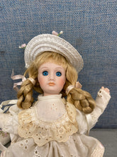 Load image into Gallery viewer, Ceramic Doll Brown Hair Blue Eyes Dressed Up With Hat
