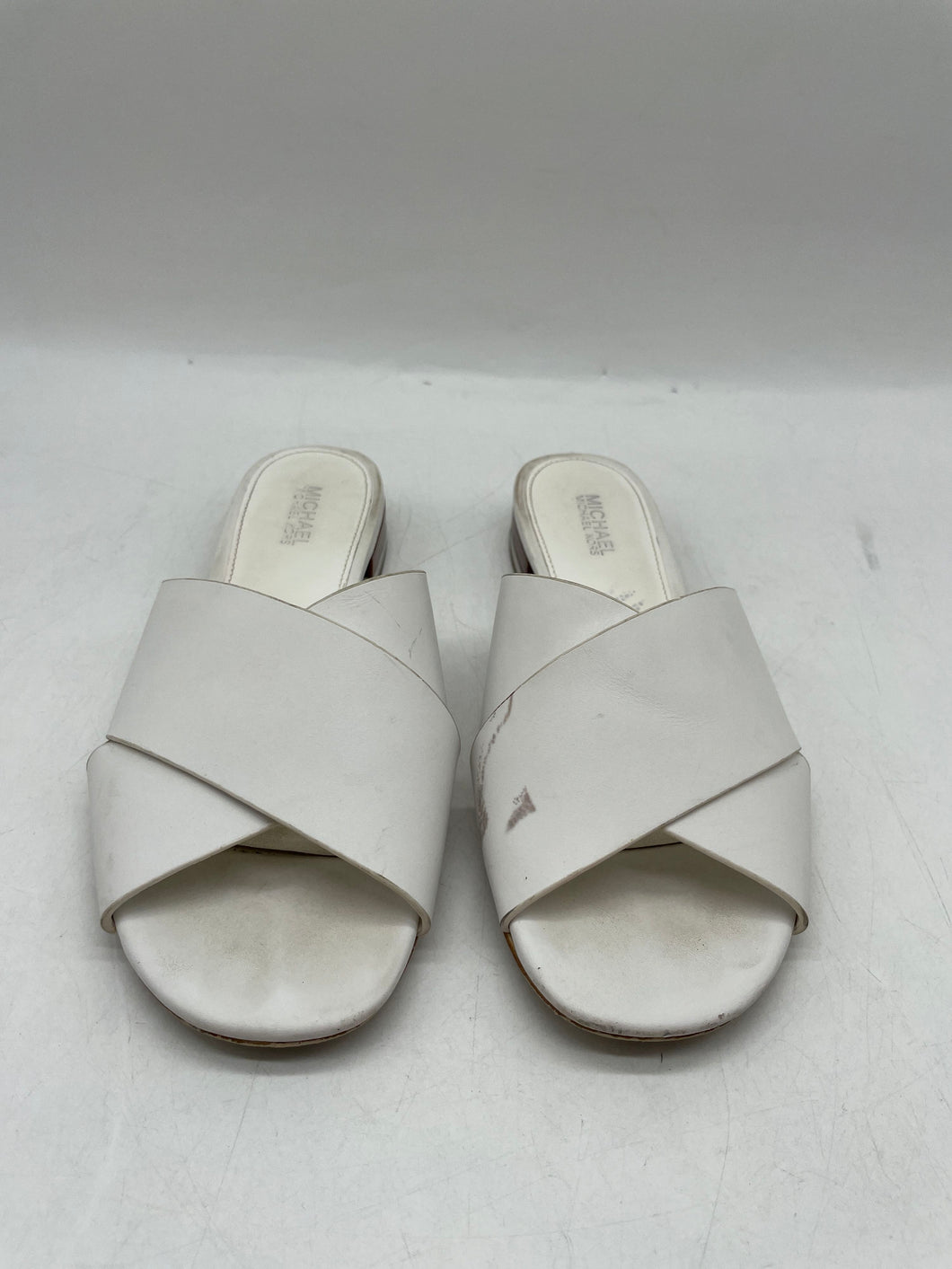 Michael Kors Womens White Leather Criss Cross Block Heel Slide Sandals Sz 5.5 M